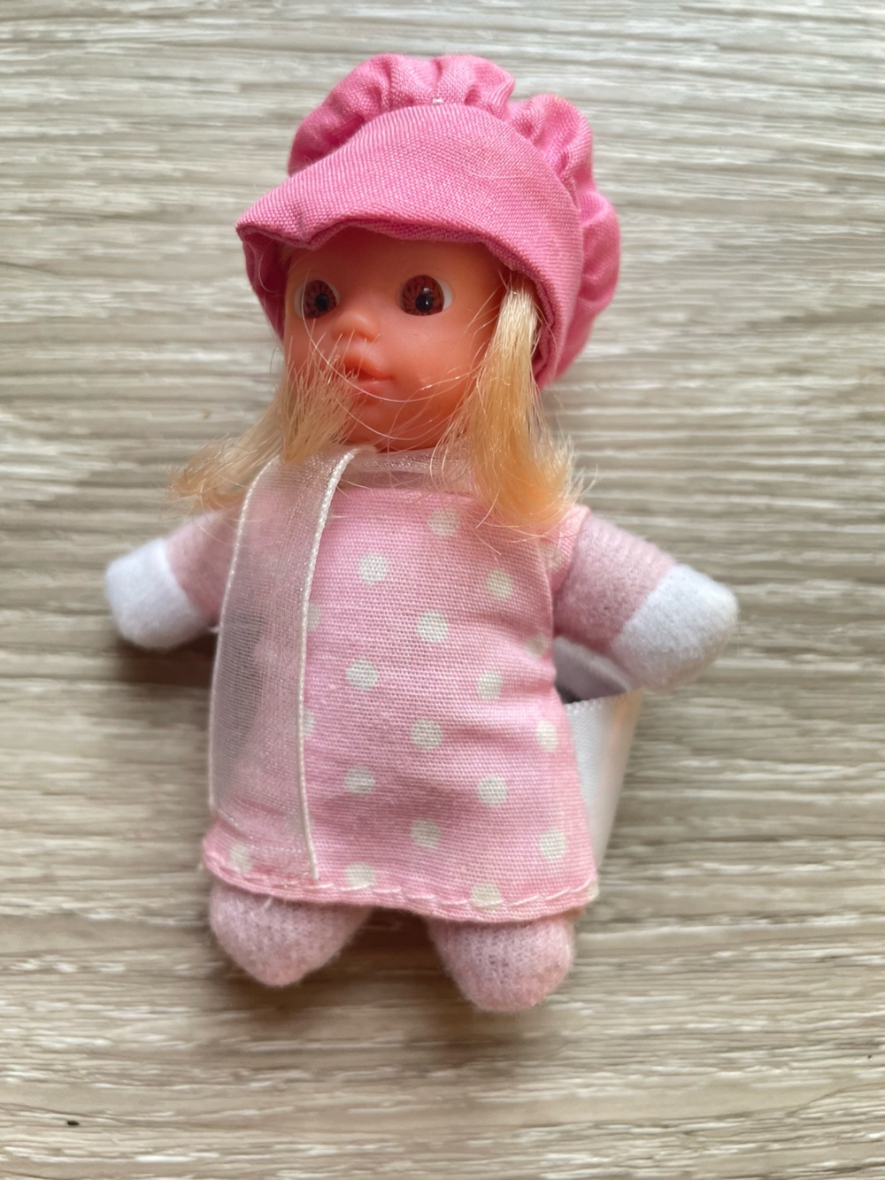 Vintage The First Years Mini Soft Doll Pink Polka Dot Bonnet Blonde